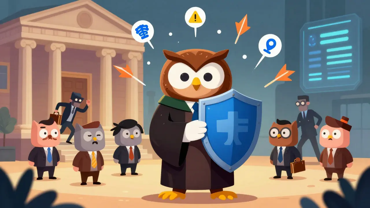 A wise owl judge protecting investors from shady figures with a shield in a cartoon scene