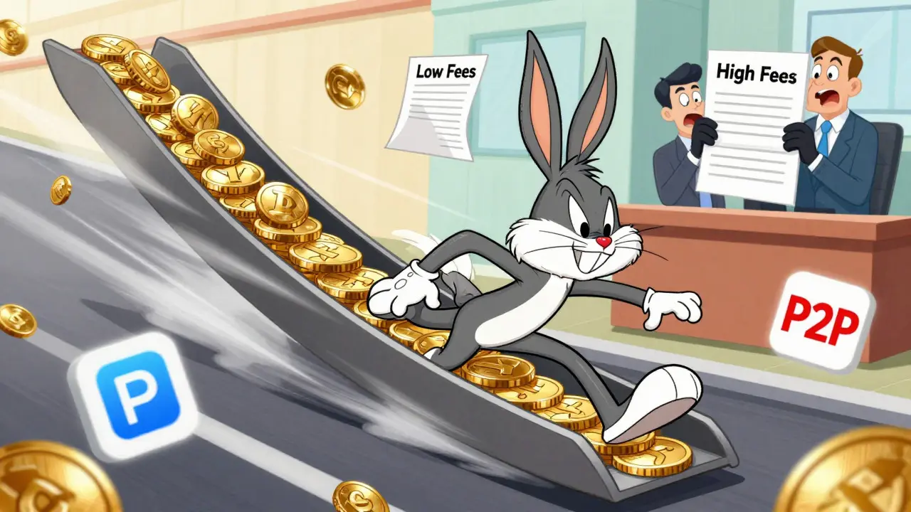 Animated character sliding down low-fee chute while competitor struggles with paperwork