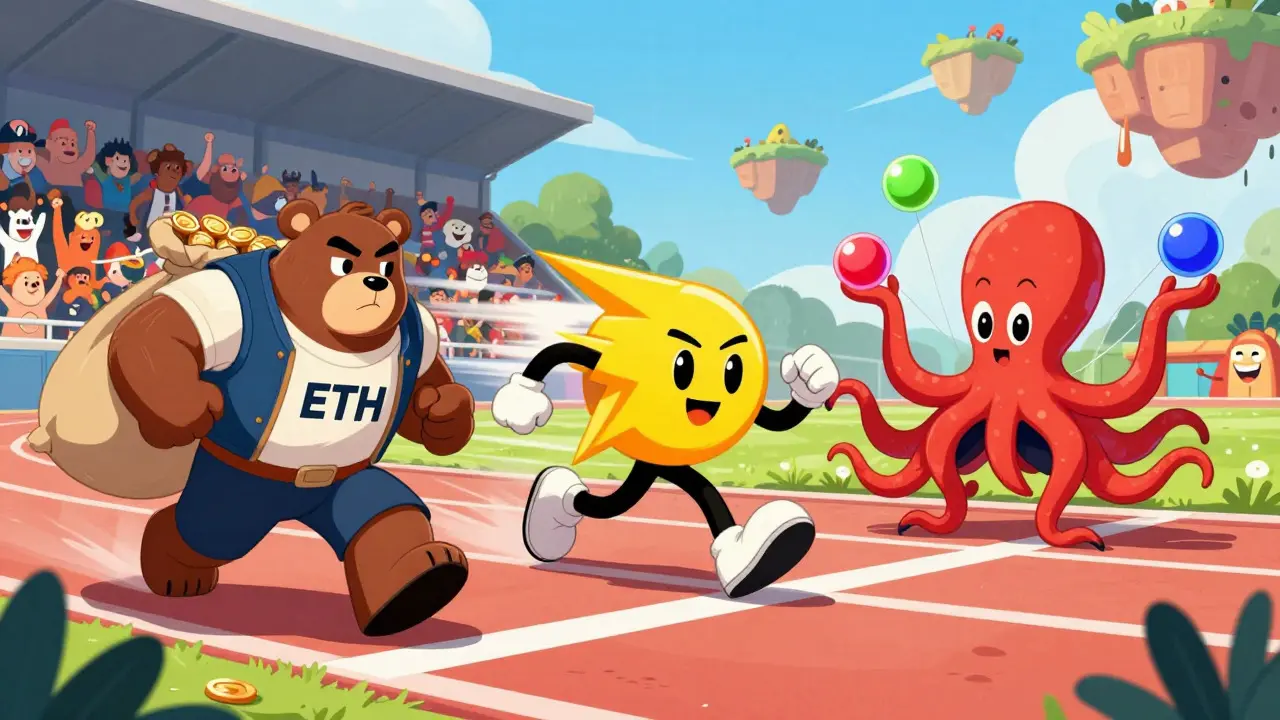 Animated characters racing in a stadium representing blockchain networks