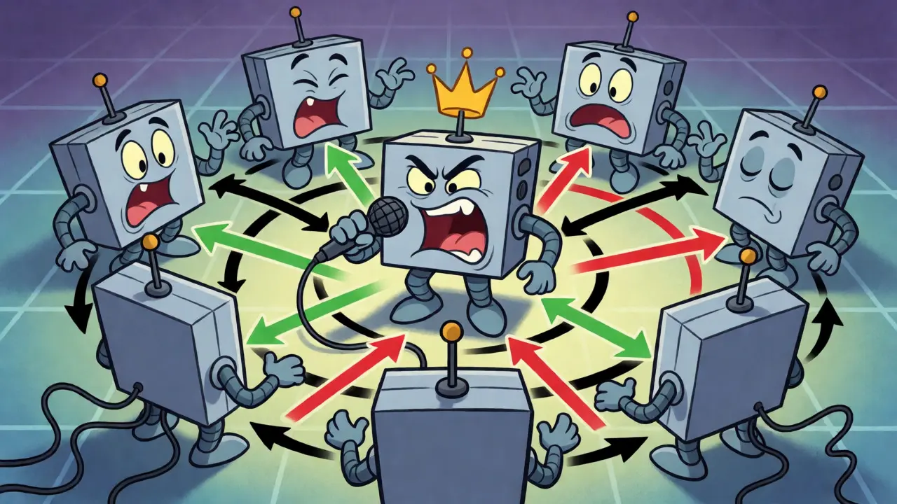 Animated robot nodes exchanging messages in a network, depicting the PBFT consensus protocol phases.