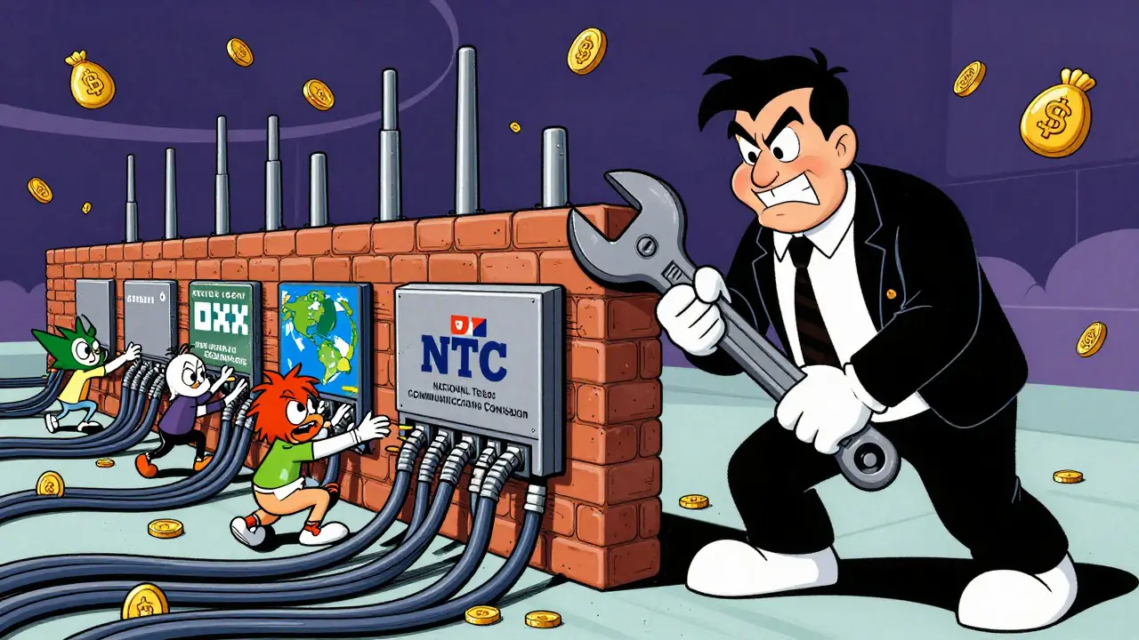 Animated scene of a digital firewall blocking exchange characters from passing through