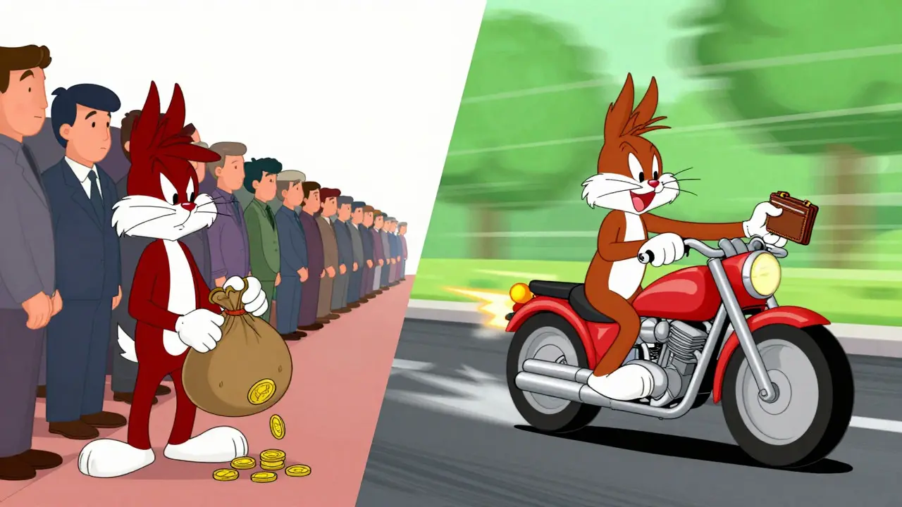 Animated scene showing a slow, safe queue next to a fast, cheap motorcycle ride
