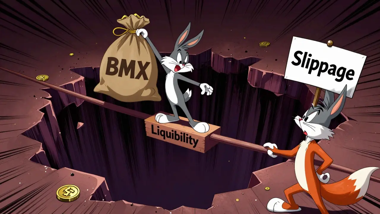 Cartoon character balancing on thin liquidity ledge with coin sack
