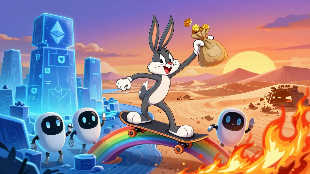 Cartoon character crossing a frictionless bridge between blockchain networks