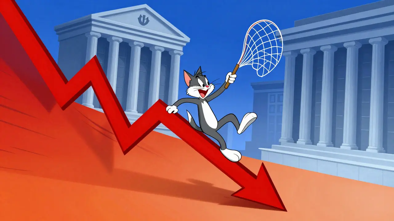 Cartoon characters sliding down a jagged red arrow representing market crash