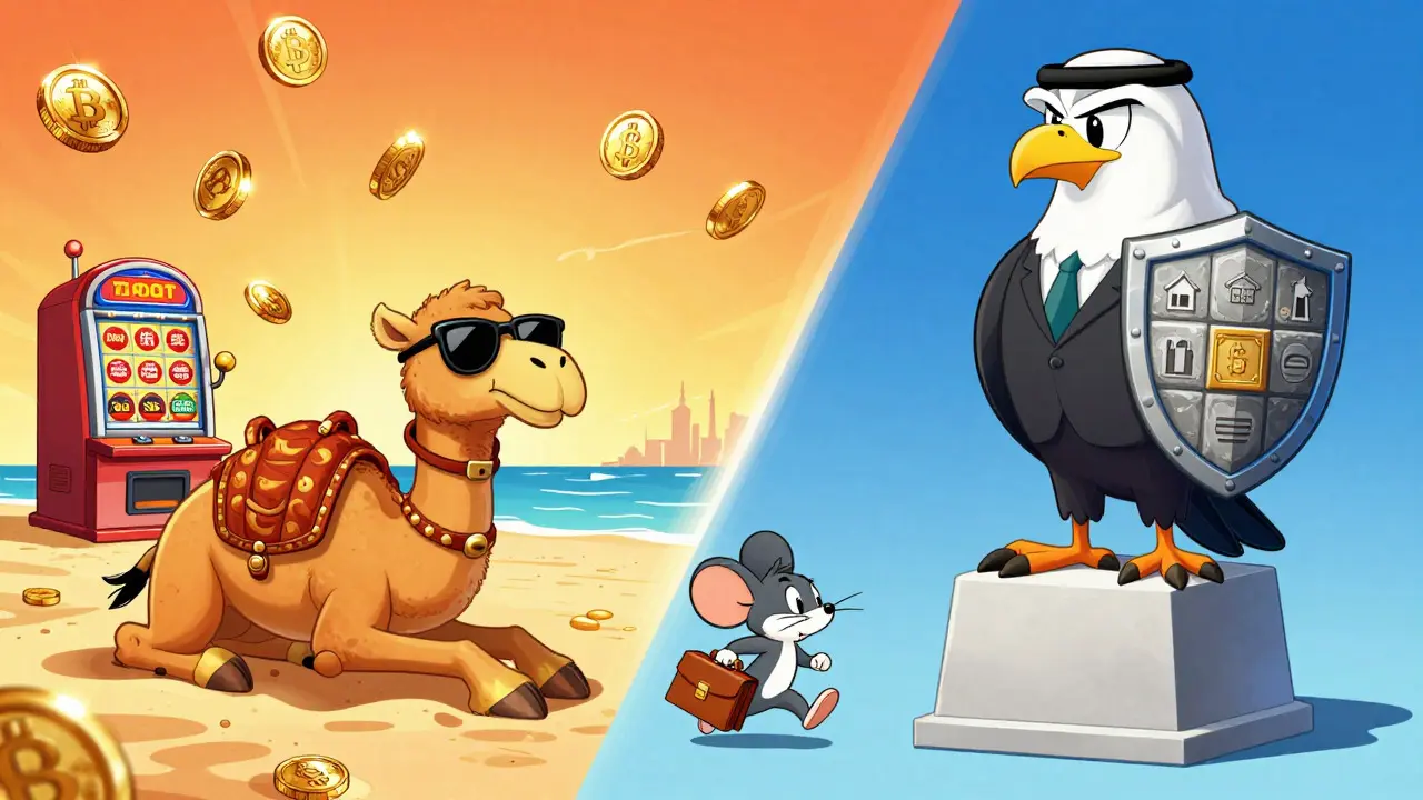 Cartoon contrast between chaotic Dubai crypto and stable Doha tokenization