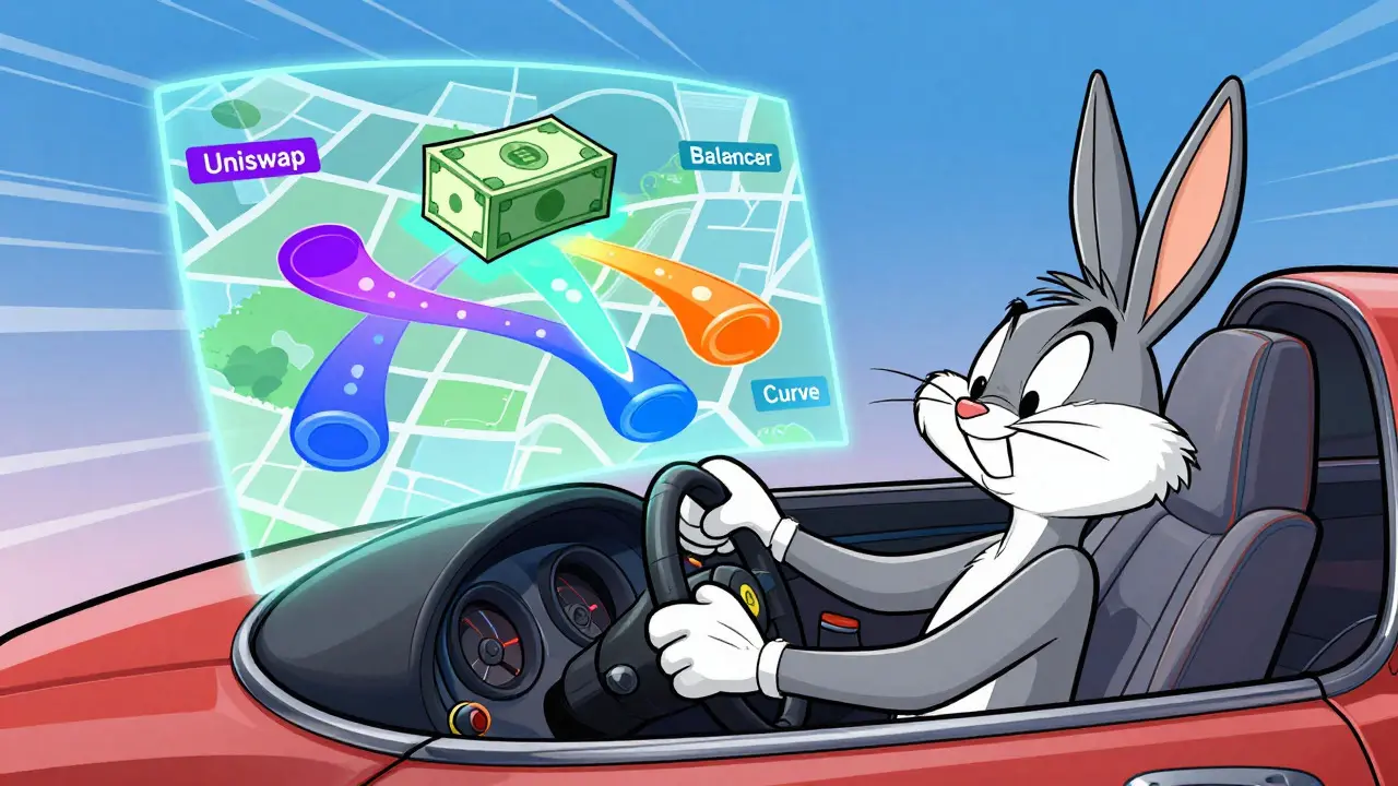 Cartoon GPS splitting crypto trades across multiple exchange routes efficiently