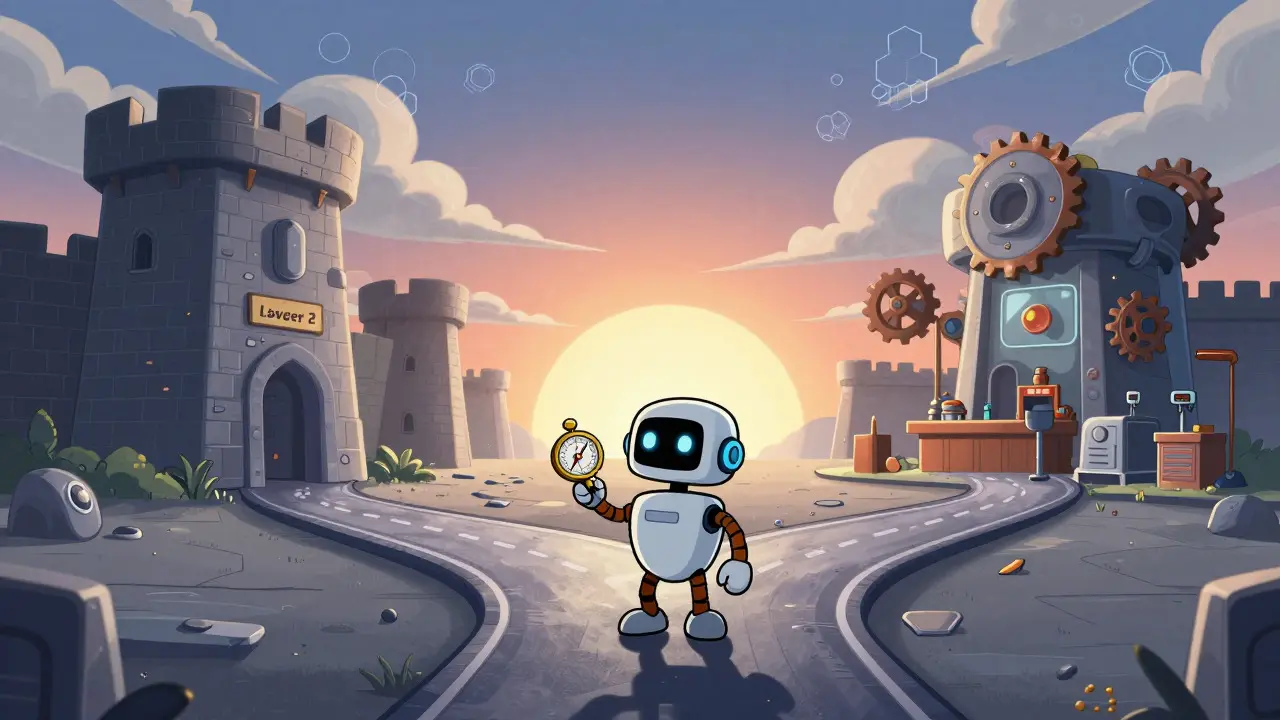 Cartoon robot at a crossroads where two different technological paths merge into one