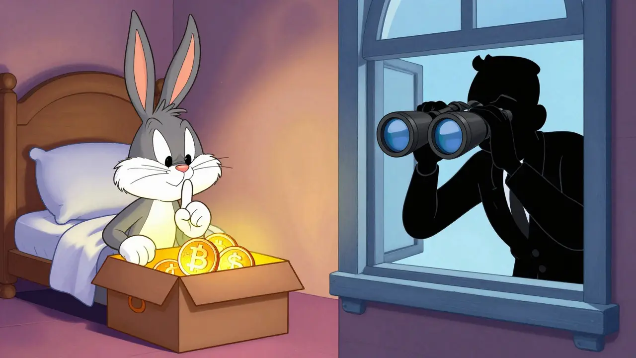 Character hiding crypto under bed while regulator watches from shadows