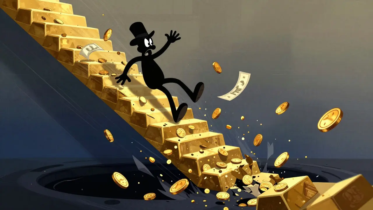 Character sliding down a crumbling staircase of gold coins into a dark void