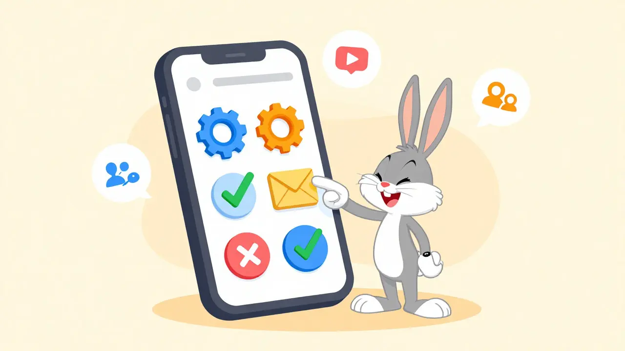 Cheerful cartoon rabbit tapping on a giant device with abstract icons