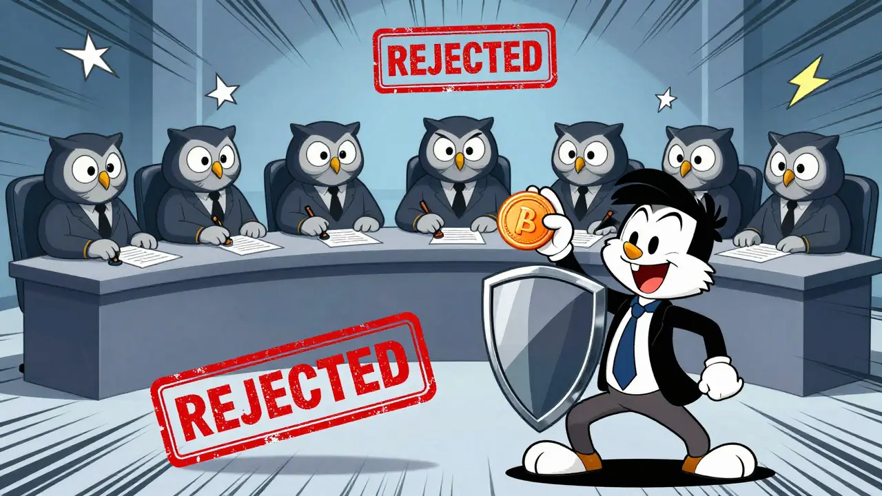 Comic depiction of strict token listing rejection by Japanese regulators