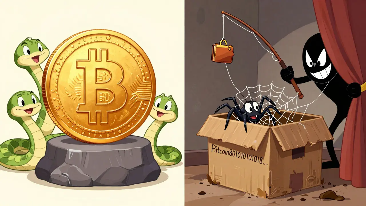 Comparison of real Bitcoin vs fake token in Looney Tunes style