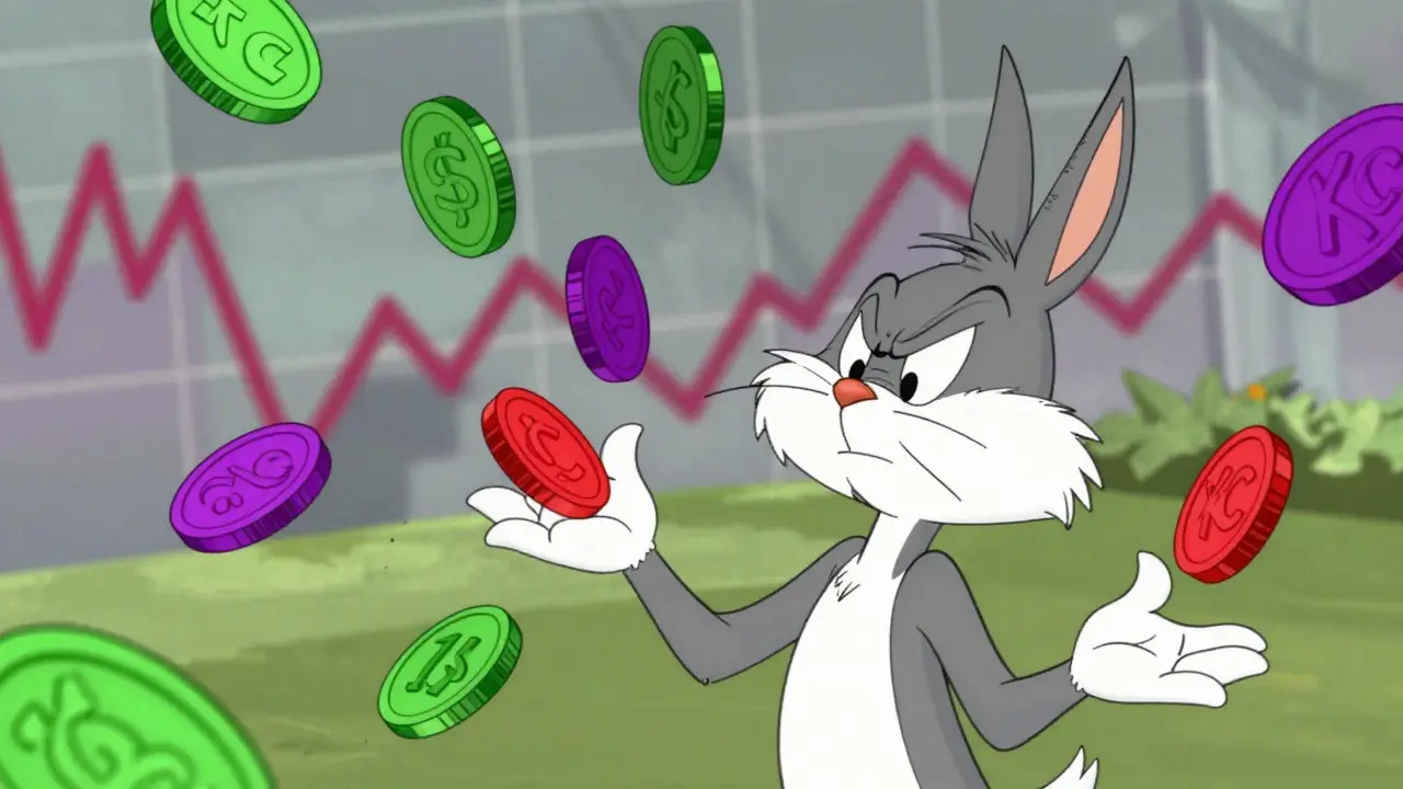 Confused cartoon animal juggling colorful coins symbolizing token volatility