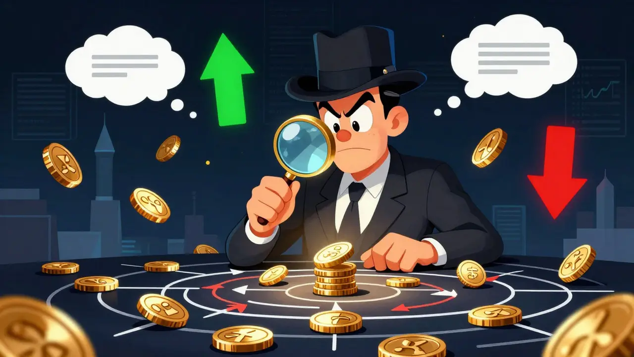 Detective analyzing coin flow charts, representing on-chain data analysis