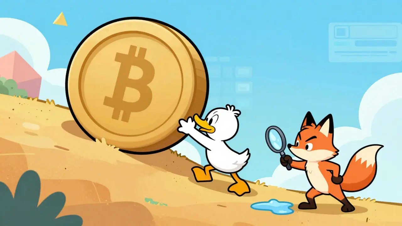 Duck pushing a heavy coin boulder up a slippery hill while a fox inspects it