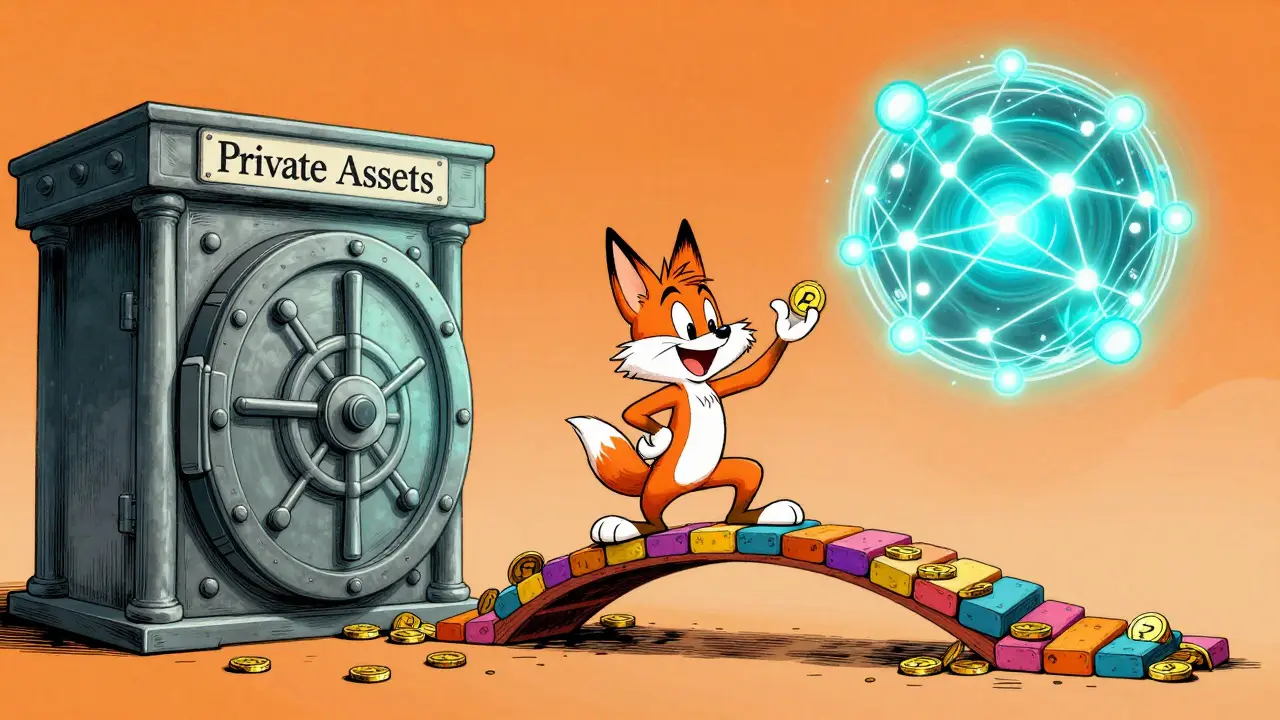 Fox character building a bridge between private assets and blockchain