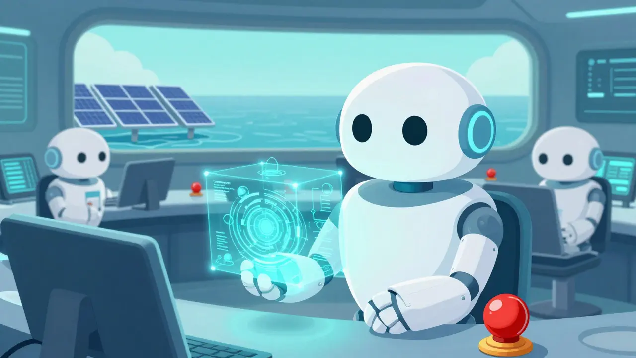 Friendly robots managing a secure, energy-efficient tech control room