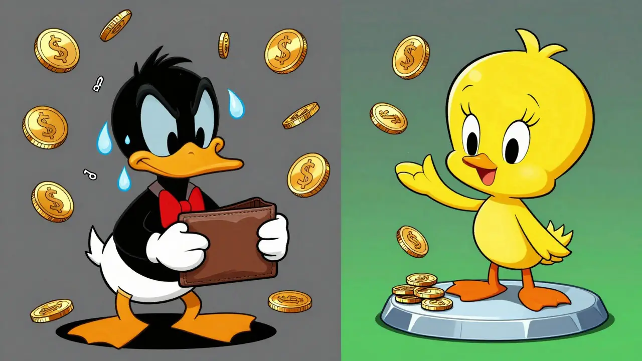 Funny cartoon comparing expensive fees vs cheap Polygon transactions