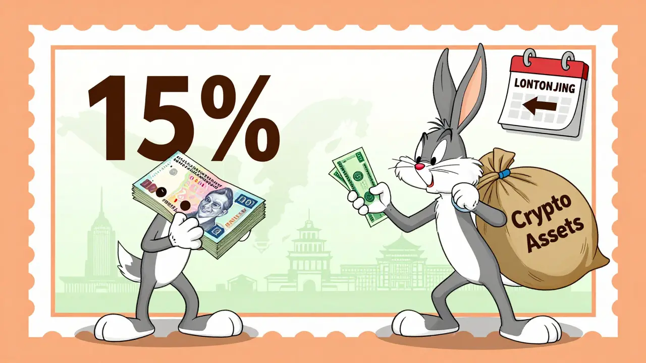 Illustration showing tax deductions on cash and a heavy crypto sack for long-term holding