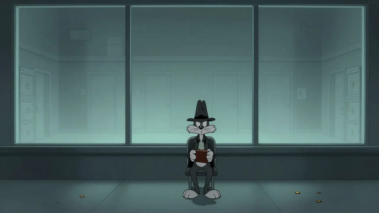 Lonely cartoon character sitting on an empty exchange floor with a deflated wallet