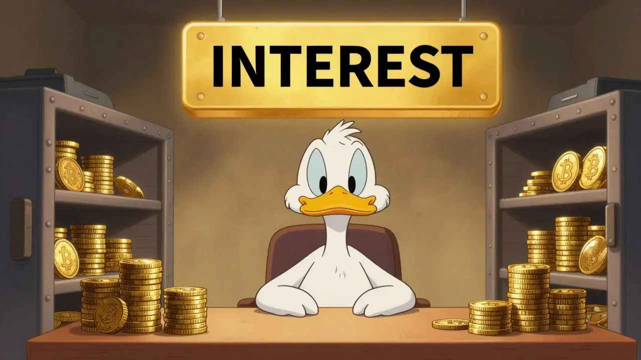 Looney Tunes duck securing fixed-rate crypto yield in a vault
