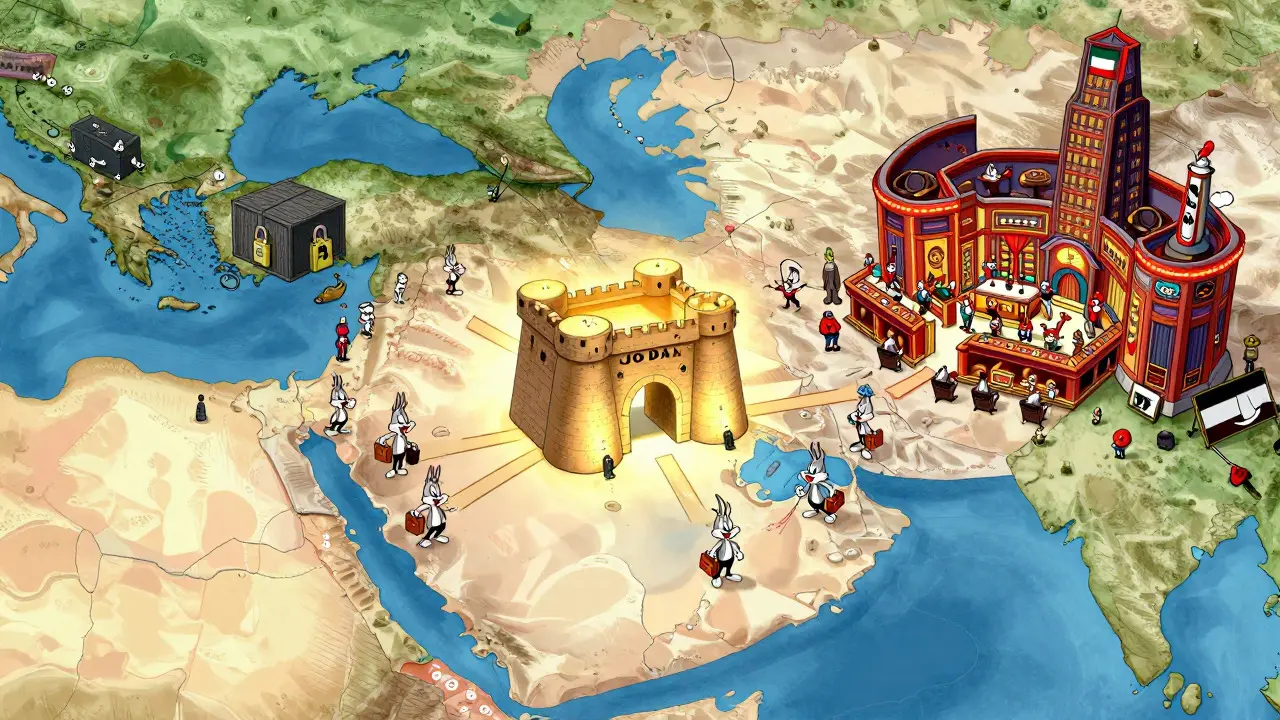 Map-style cartoon showing Jordan as a stable crypto gateway