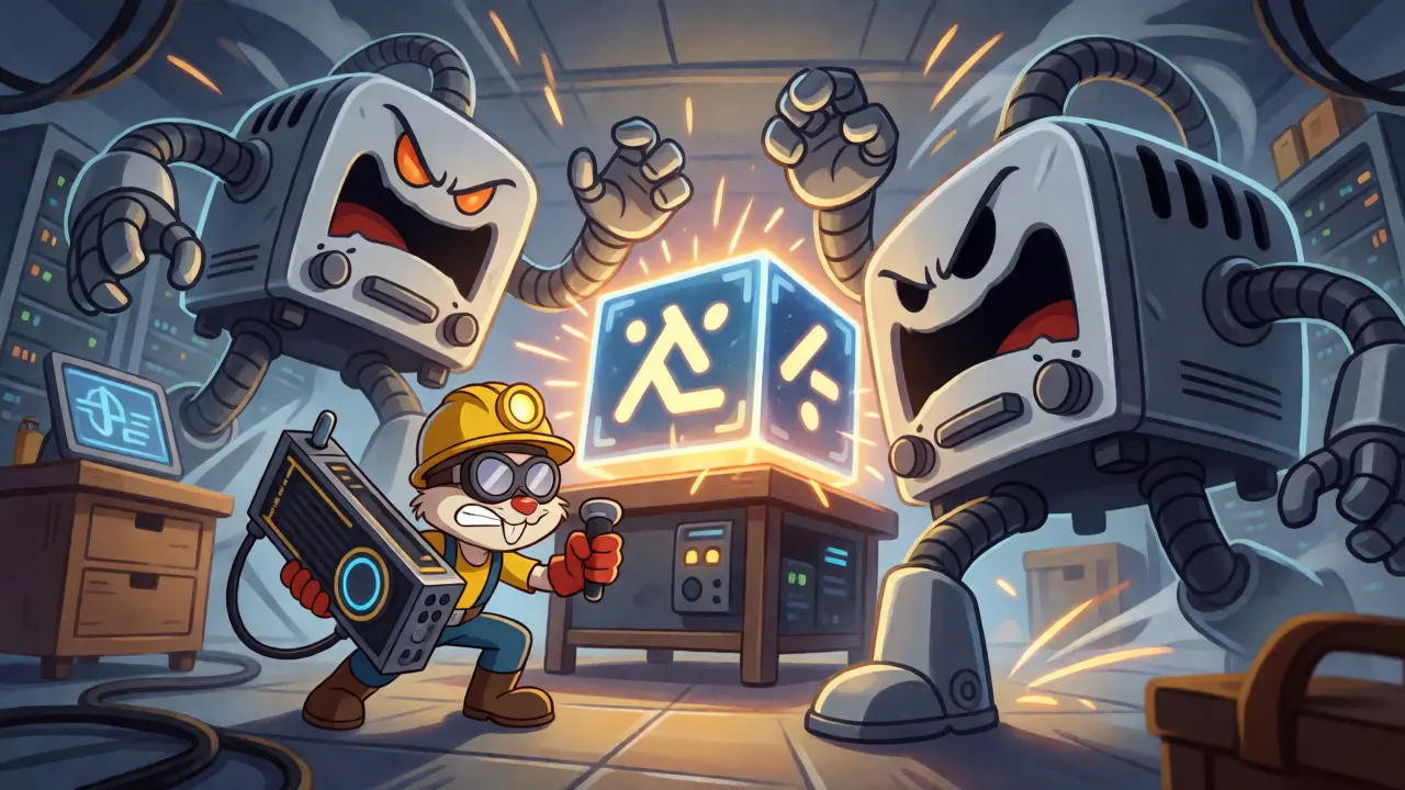Miner fighting ASIC robots in a stylized server room with glowing blocks.