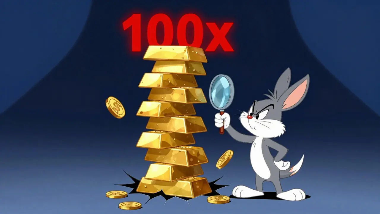 Nervous cartoon figure inspecting a shaky tower of gold bars representing leverage