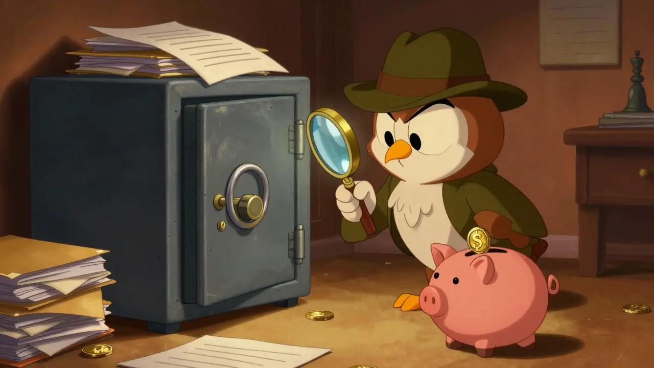 Owl detective inspecting a locked safe with empty files beside it