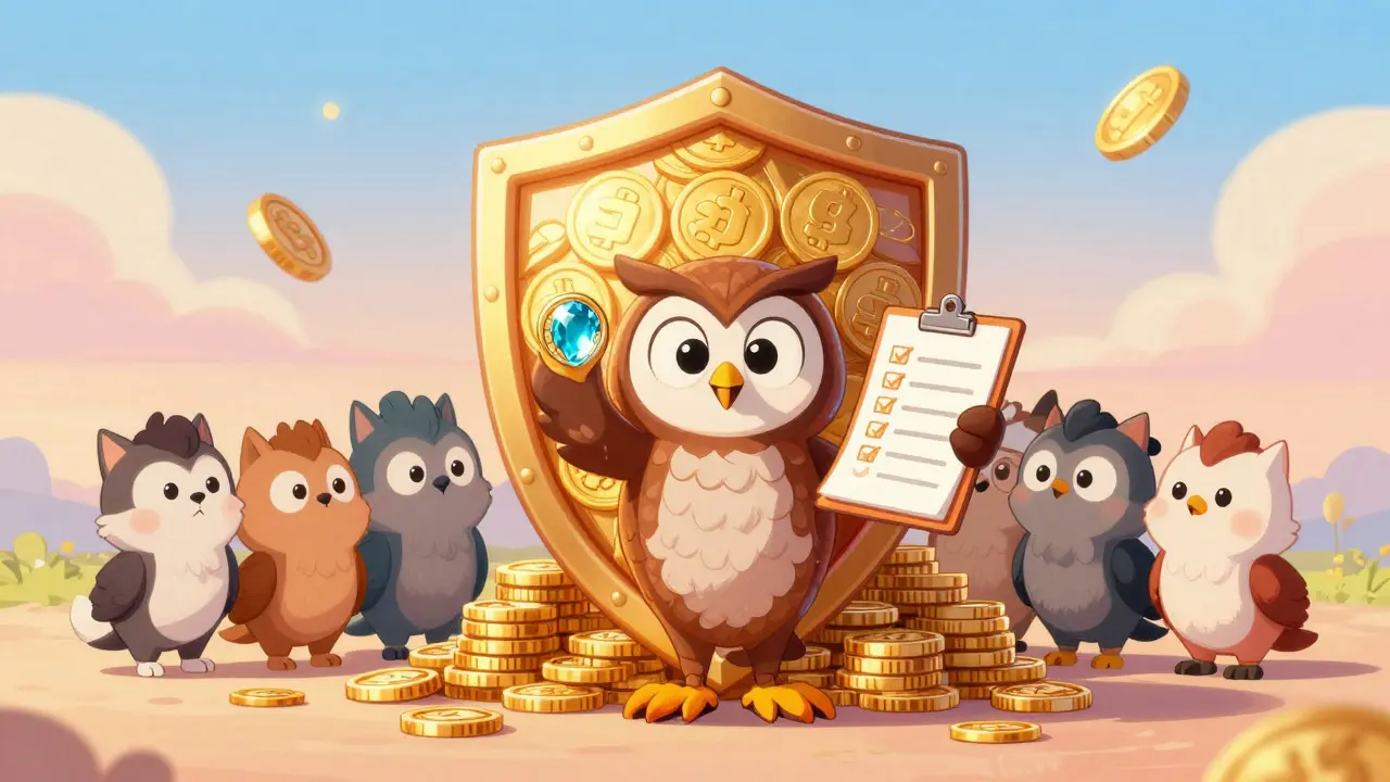 Owl holding a small coin in front of a large golden shield with animals watching