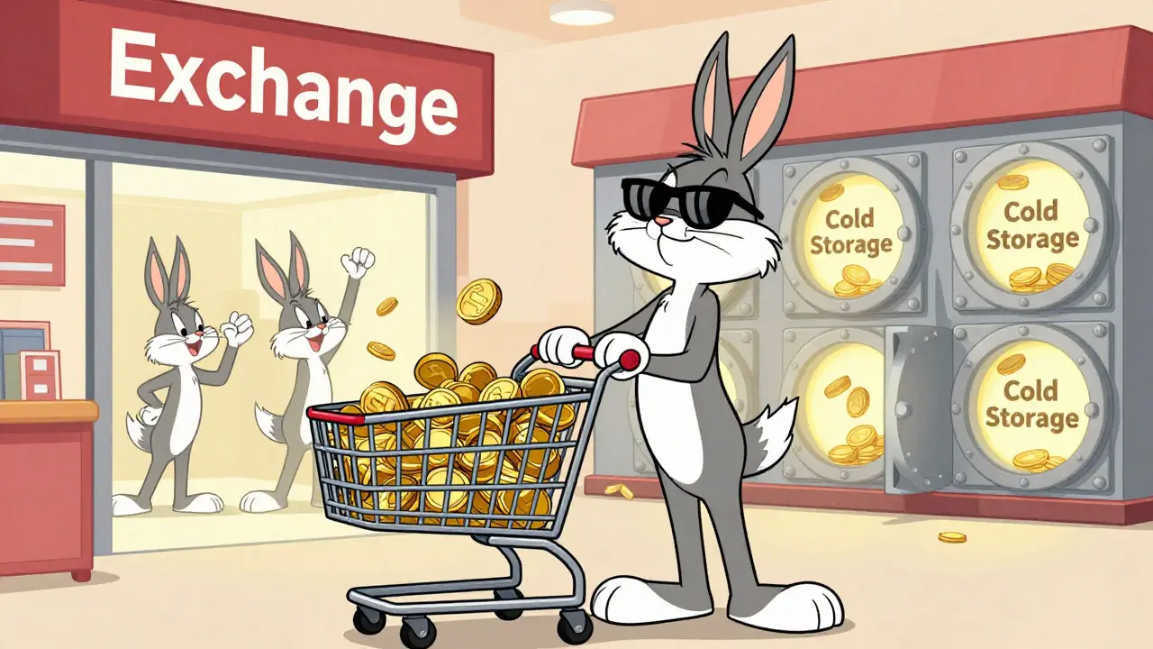 Relaxed cartoon character leaving exchange with empty cart, symbolizing outflows