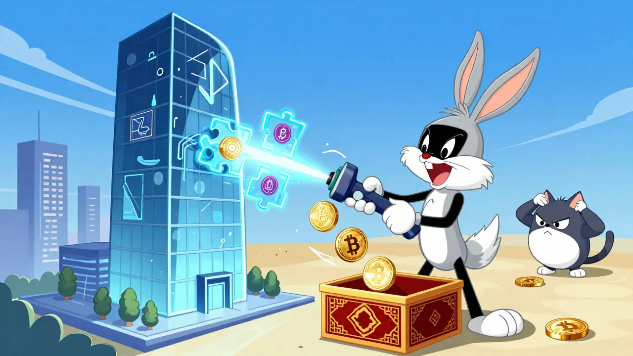 Robot slicing a skyscraper into digital tokens for safe storage