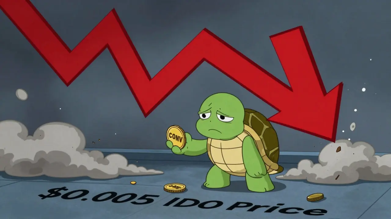 Sad turtle holding a tiny coin next to a giant red price drop arrow