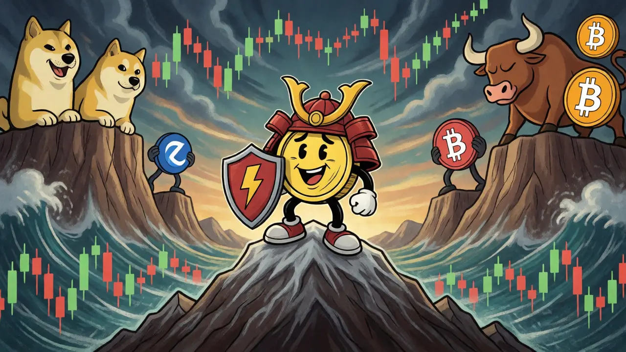 Samurai-helmeted coin standing on a chart mountain among other crypto mascots.