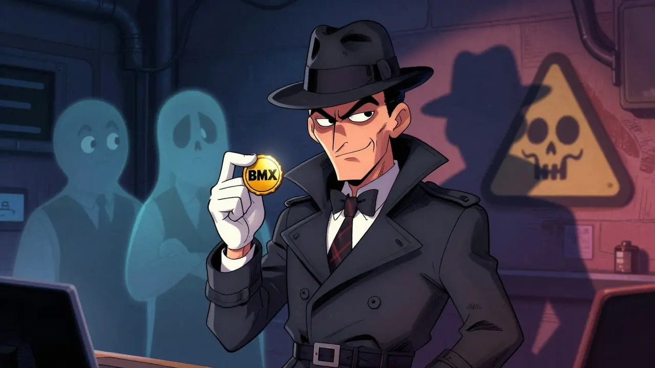 Shady cartoon figure offering BMX token with suspicious shadow
