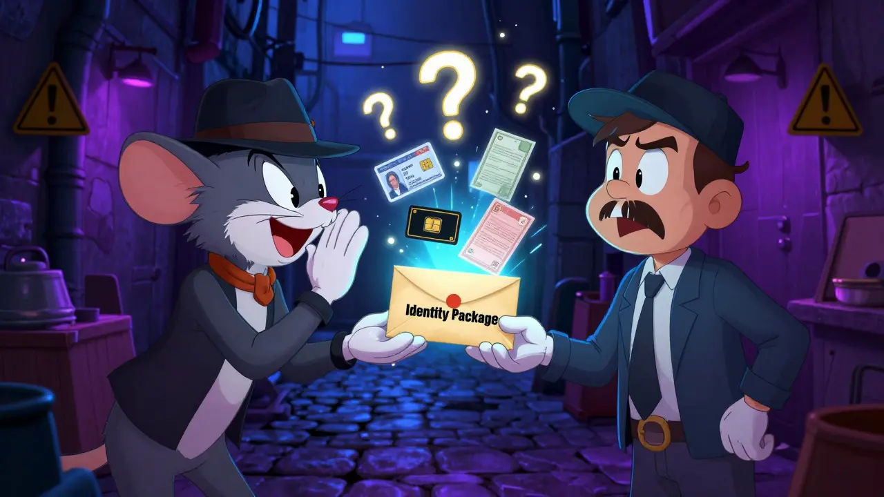 Shady dealer selling fake identity packages in a dark alley