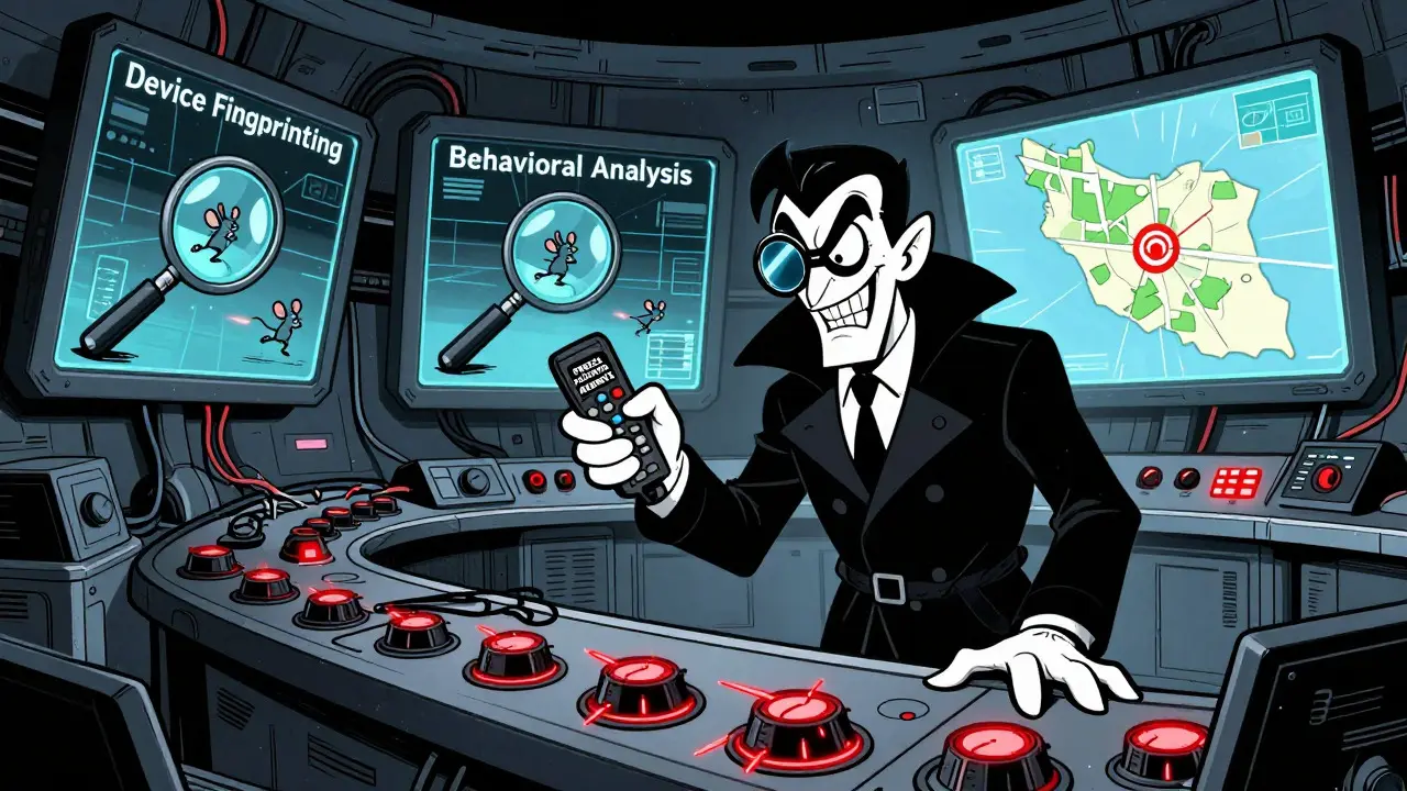 Sinister cartoon villain monitoring traders via high-tech surveillance