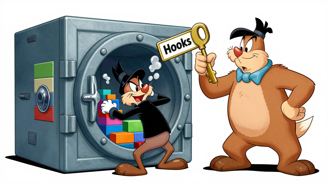Slapstick cartoon showing secure hooks blocking a sneaky hacker