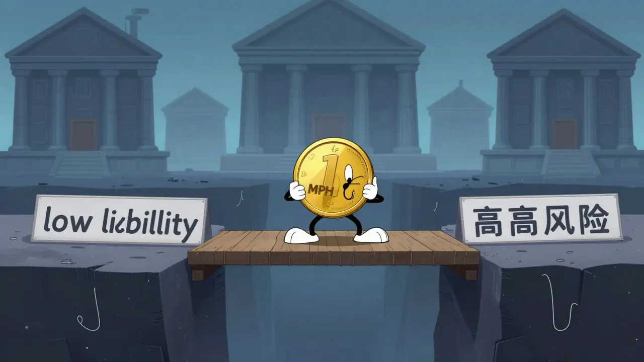 Small cartoon coin crossing a risky bridge representing low liquidity