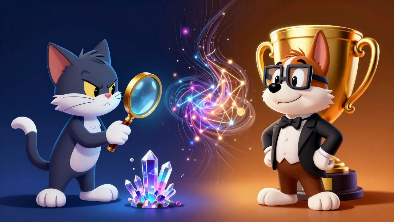 Split scene of a cat analyzing a crystal and a dog near a golden trophy