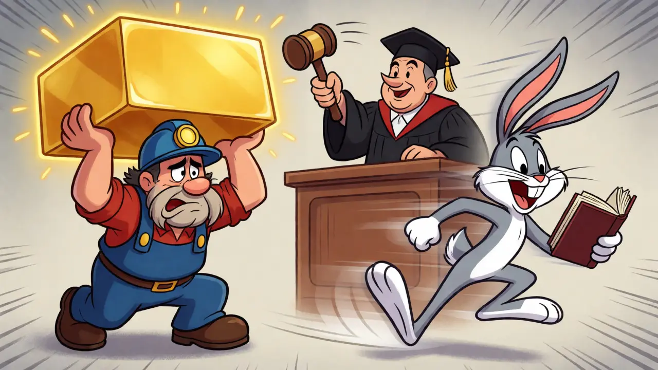Split-screen cartoon showing a slow miner versus a fast runner, comparing Proof of Work and PBFT speed.