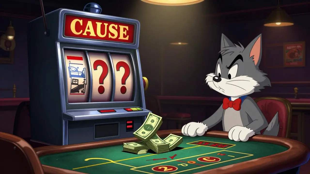 Wolf character gambling nervously at a CAUSE slot machine