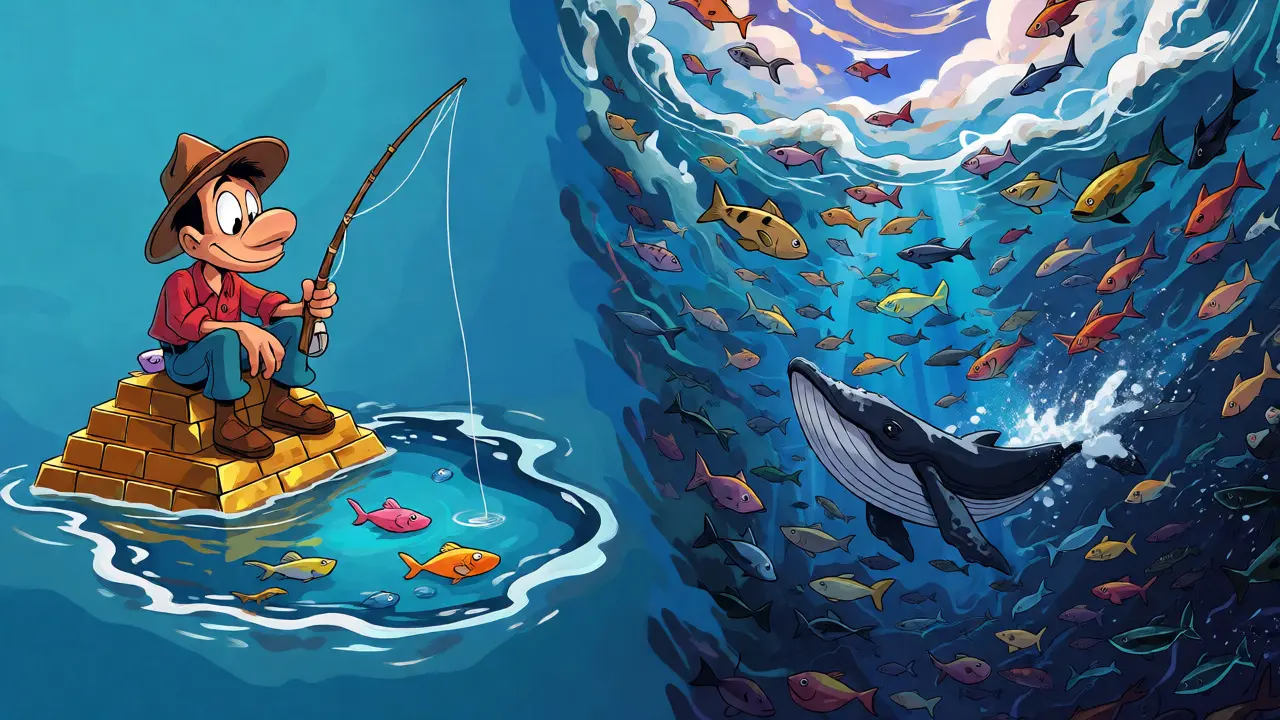 A fisherman on a small island watches a vast, crowded ocean, illustrating limited liquidity.