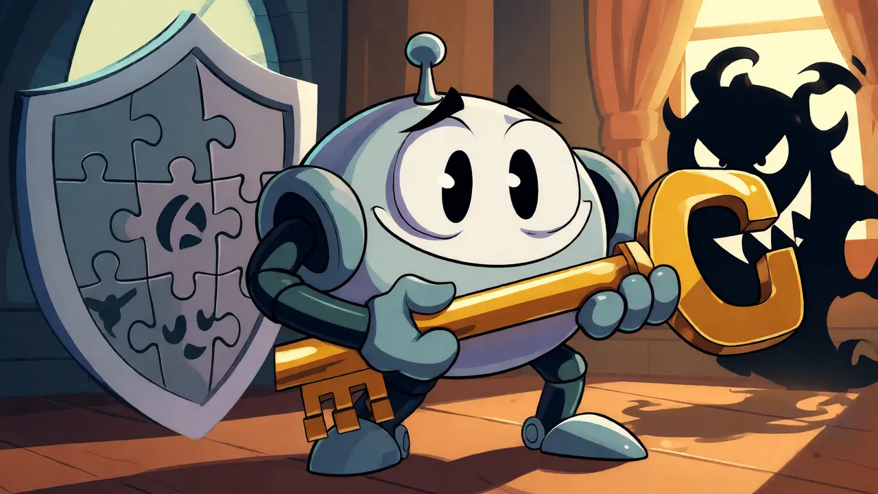 A robot holds a giant key while a shadow monster is blocked by an audit shield.