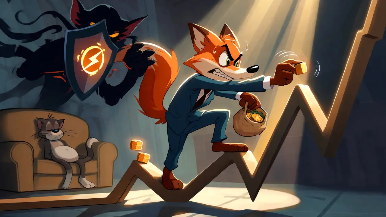 Active liquidity provider managing volatile market swings against impermanent loss in a dramatic cartoon scene.