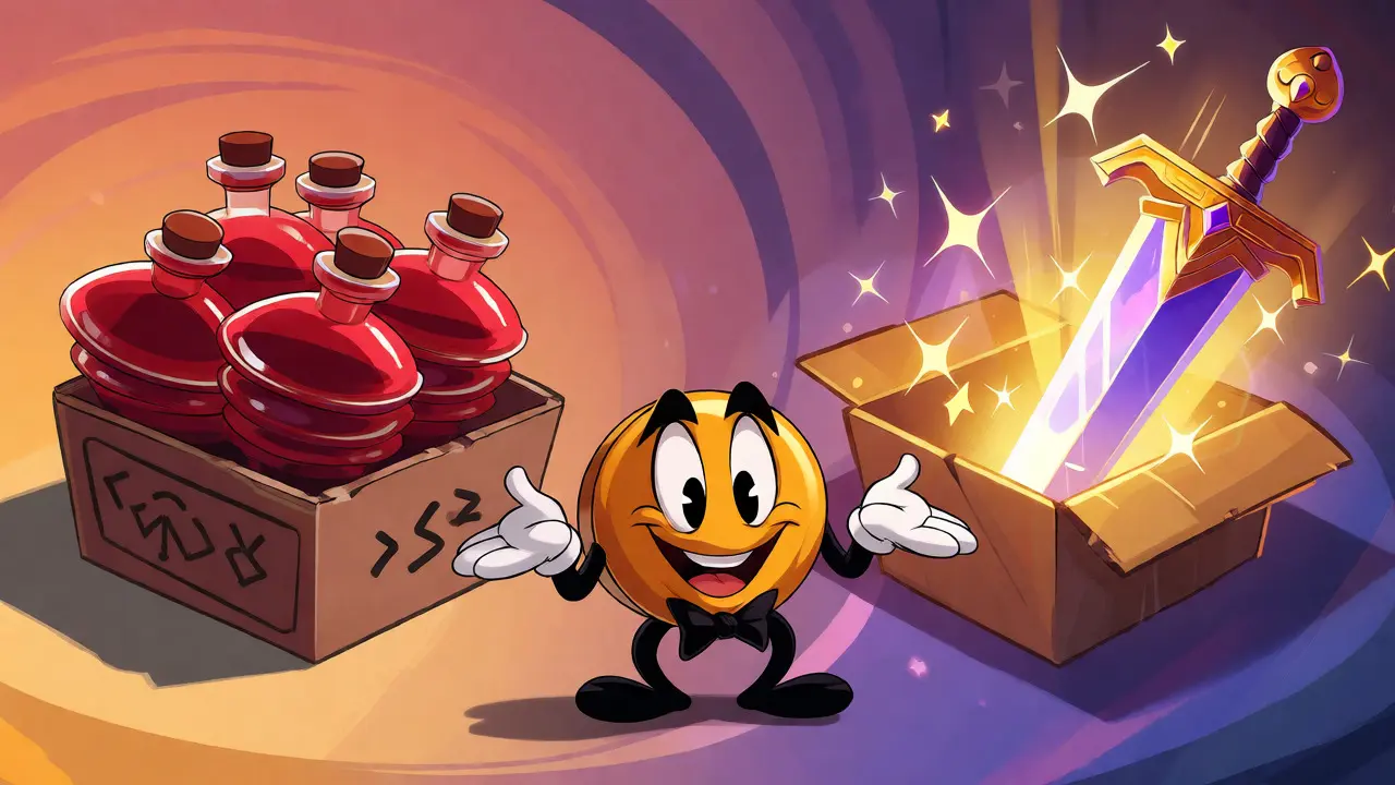 Animated character watching identical potions transform into a legendary sword in a split view.