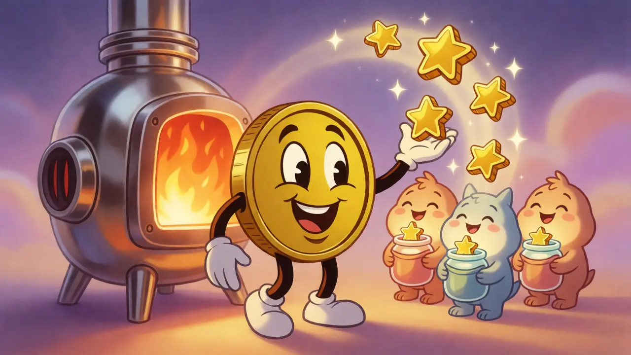 Animated coin character entering furnace to create stars for stakers