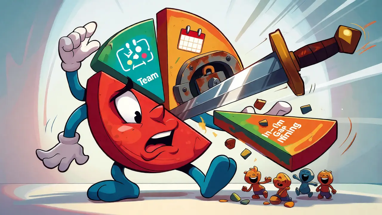 Anthropomorphic pie chart being sliced with locked team portion