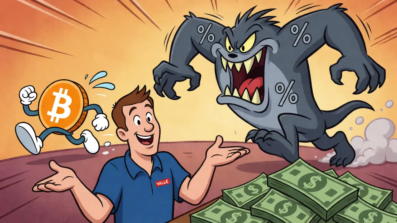 Bitcoin character fleeing a fee monster while being converted to cash.